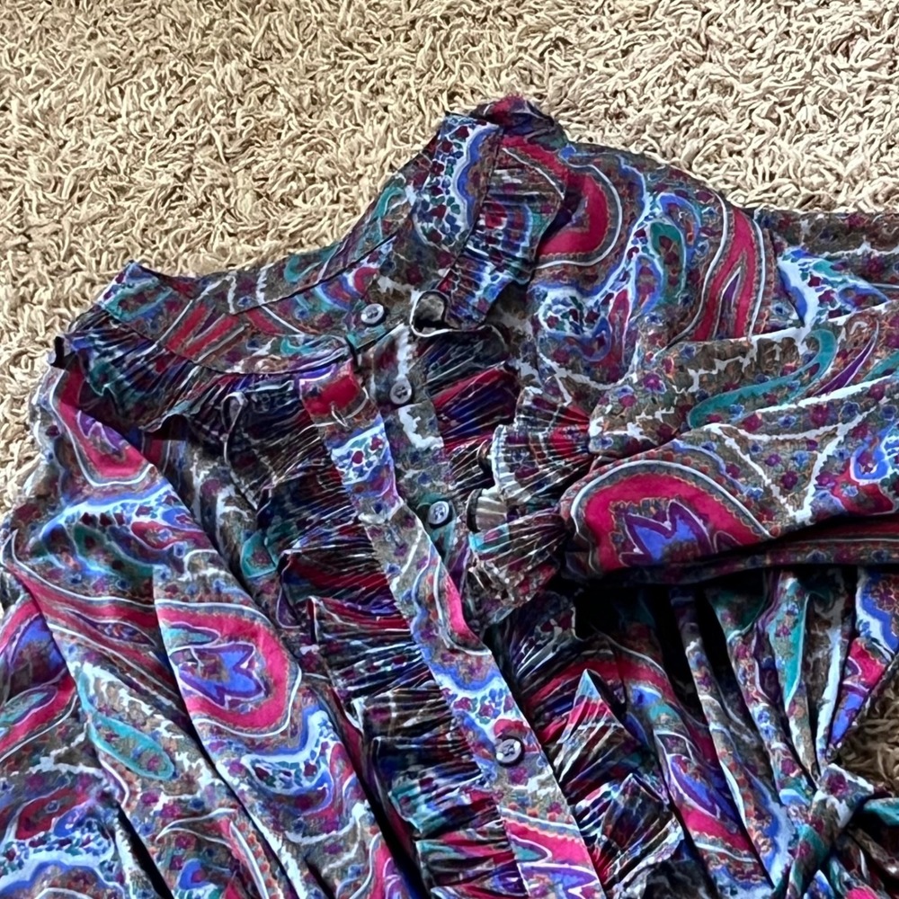 Vintage Tribute Paisley Ruffle Midi Dress Long Sleeve Belted Jewel Tone 80s